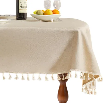 Immagine prodotto di Tovaglia ovale, 155 x 350 cm, color beige, in lino, con frange