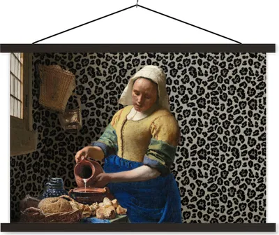 Produktbild von MuchoWow® Textilposter Milchmädchen - Kunst - Pantherdruck - Vermeer - Gemälde - Alte Meister 120x80 cm mit schwarzem Rahmen - Wanddeko