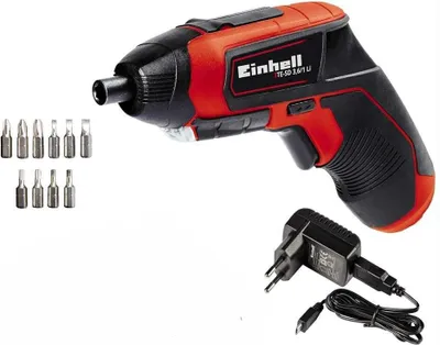 A cordless screwdriver set with accessories and charger on a white background.
