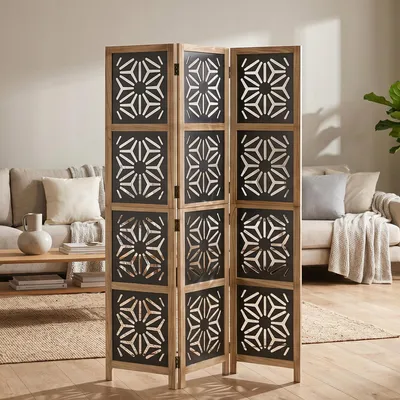 Produktbild von Homestyle4u Paravent Raumteiler 3 teilig Holz Trennwand Indoor spanische Wand Sichtschutz Natur Schwarz Indoor