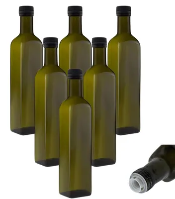 6 Ölflaschen 500 ml mit Ausgießer, grün/braun, Glas