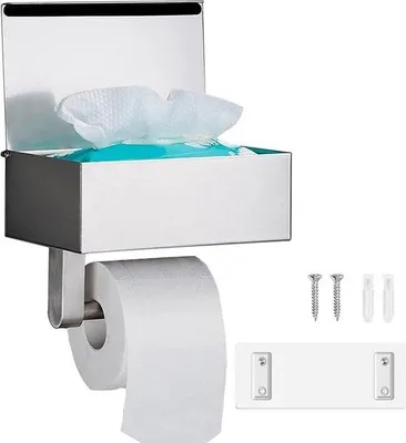 Immagine prodotto di Portasacchetti da bagno con contenitore per salviettine umidificate - Acciaio inossidabile - Argento - Autoadesivo - Portarotolo per cucina e bagno