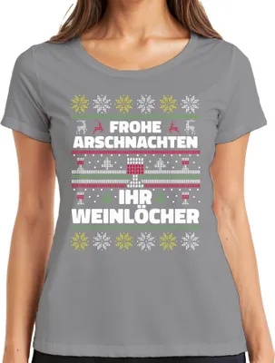 Produktbild von Frohe Arschnachten Ihr Weinlöcher Sarkasmus - Ugly Christmas Sweater Weihnachten Damen T-Shirt, Grau, XXL