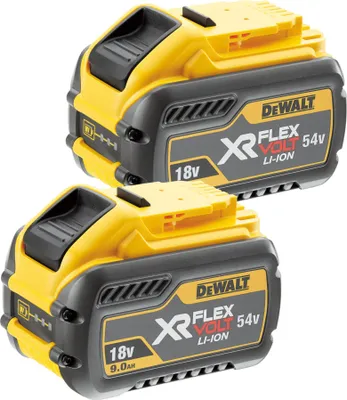 Two DeWALT FlexVolt batteries are shown against a white background.