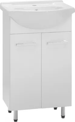 A white bathroom vanity with a sink on top, shown from the front.
