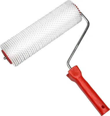 A spiked paint roller with a red handle against a white background.