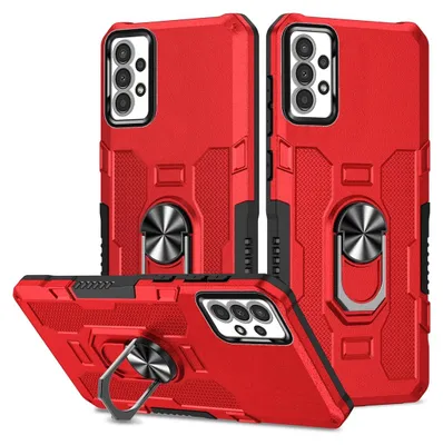 Three red phone cases with black accents and a ring holder are displayed against a white background.