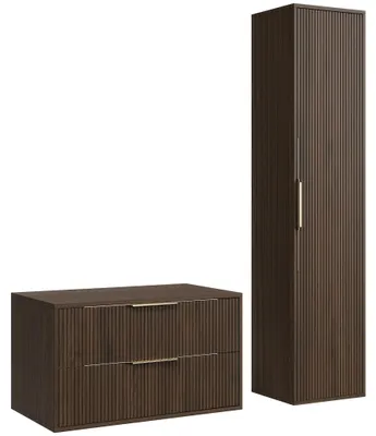 Produktbild von Badplaats Waschbeckenunterschrank Rimini 80 x 46 cm Walnuss Braun - Hängender Badezimmerschrank mit 2 Schubladen und Hochschrank