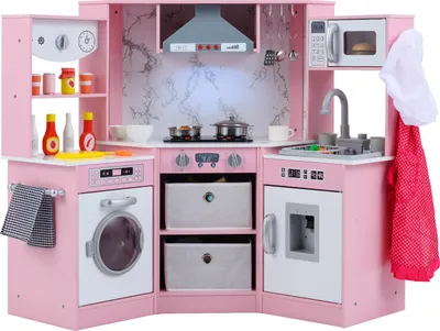 A pink wooden toy kitchen with various accessories.