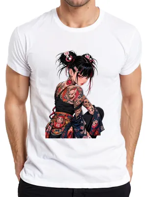 Productafbeelding van Anime, manga, tattoo, meisje, Japan, Yakuza, Oni, Koi, Y2K, streetwear, goth, heren T-shirt, wit, maat M