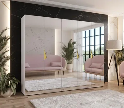 Produktbild von Breiter Kleiderschrank 250 cm AMARIS 3 mit Spiegel - weiß / goldene Griffe