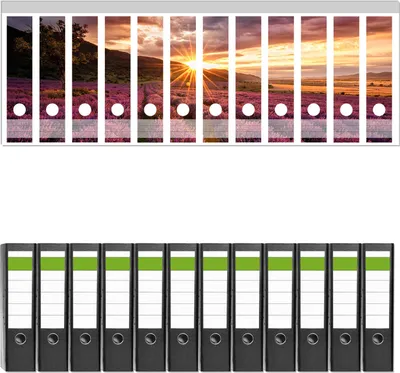 Produktbild von Wallario 12 Stück breite Ordner inkl. Klebeetiketten mit Motive Lavendelfeld bei Sonnenuntergang - Sonnenstrahlen -  Set mit Rückenschildern / Ordnerrücken Stickern