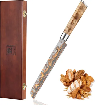 Produktbild von MysticMagma Damast Brotmesser 20cm - Damaststahl mit Wellenschliff - Exklusives Geschenkset mit Holzbox
