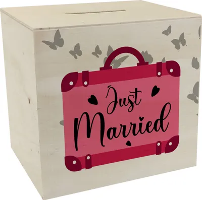 Produktbild von Just married Hochzeit Spardose aus Holz mit pinkem Koffer