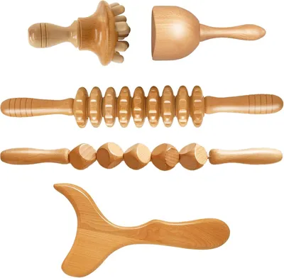 Productafbeelding van Set van 5 houten massage rollers voor cellulitis en lymfedrainage, onderdeel van een maderotherapie set, houten massageapparaat met bijbehorende doos