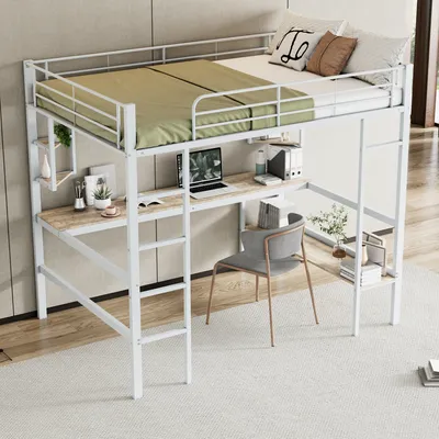 A loft bed with a desk and shelves underneath, set up in a room.