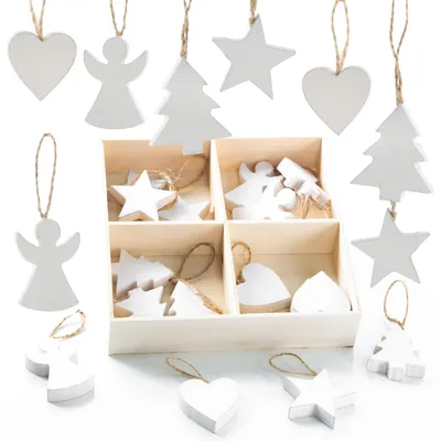 24 Holz-Anhänger weiß – Sterne, Engel, Herzen, Bäume – 3,5–4,5 cm