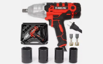A set of tools including an electric impact wrench, a case with a smaller wrench and accessories, and several sockets, laid out on a light gray background.