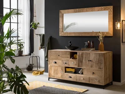 Produktbild von Waschtisch mit Spiegel Laos Badset massiv Holz Mango rustikal geschnitzt