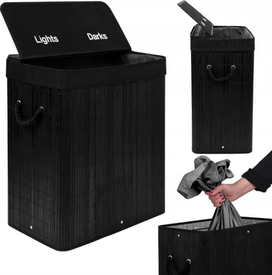 Collage of a black bamboo laundry basket with a lid, showing different angles and a person using it.