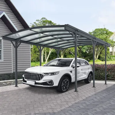 Produktbild von Juskys Carport mit Bogendach 5x3 m - Überdachung aus Aluminium mit Doppelstegplatten - Unterstand für Autos - freistehende Montage - Dunkelgrau