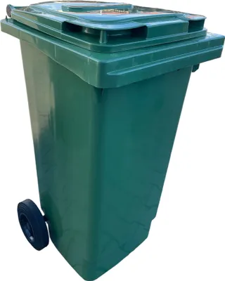 A green trash can with wheels on a white background.