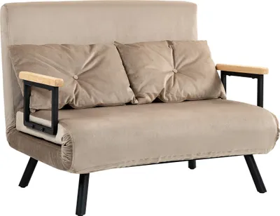 A studio shot of a beige sofa bed with two cushions and wooden armrests.