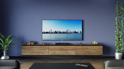 TV Lowboard 180 cm hängend in Eiche Wotan mit schwarzer Zierleiste – Frontansicht
