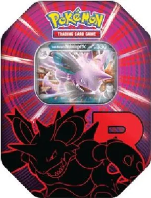 A Pokemon Team Rocket tin featuring Nidoking ex.