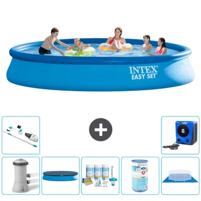 Produktbild von Intex runder aufblasbarer Easy Set-Schwimmpool – 457 x 84 cm – Blau – inklusive Pumpe Abdeckung - Wartungspaket - Filter - Bodenplane - Staubsauger - Wärmepumpe