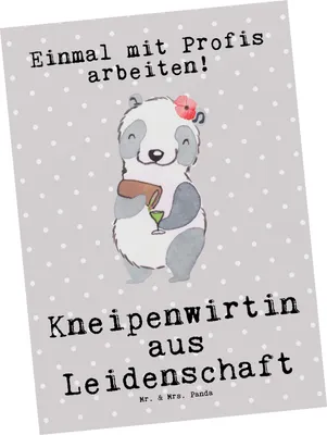 Produktbild von Mr. & Mrs. Panda Postkarte Kneipenwirtin Leidenschaft - Grau Pastell - Geschenk, Gaststätte, Bar, Fotokarte, Ansichtskarte, Postkarten, Lustig, Grußkarte, Kneipe