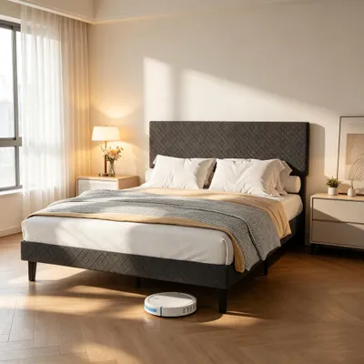 Image de INONEFT, lit rembourré 140x200 cm avec sommier à lattes et structure métallique robuste, cadre de lit élégant avec tête de lit moelleuse, lit double, lit pour adolescents, lin, gris