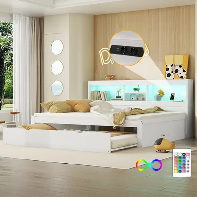 Produktbild von STILVORA Schlafsofa 140×200cm Tagesbett Kinderbett mit LED-Leuchten, Daybett ausziehbar Holzbett mit Steckdose + USB & Bettseitiges Staufach, Weiß (Ohne Matratze)