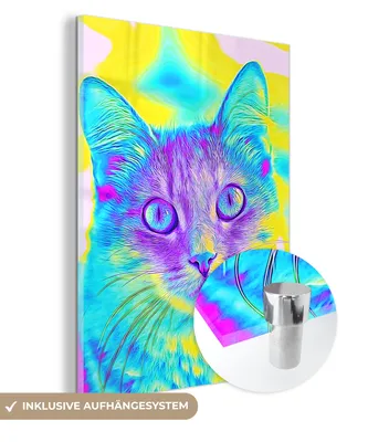 Obrázok produktu pre MuchoWow® Sklenené obrazy - Obrazy na stenu - Fotka na skle Farebný popartový obraz mačky 90x120 cm dekorácia na stenu zo skla - akrylový sklenený obraz - akrylové obrazy - akrylové sklo - fotka