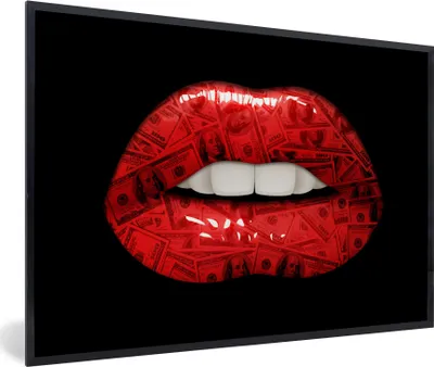 Produktbild von MuchoWow® MuchoWow® Gerahmtes Poster Lippen - Geld - Rot 30x20 cm - Poster mit zchwarzem Bilderrahmen - Kunstdruck - Bild-Poster
