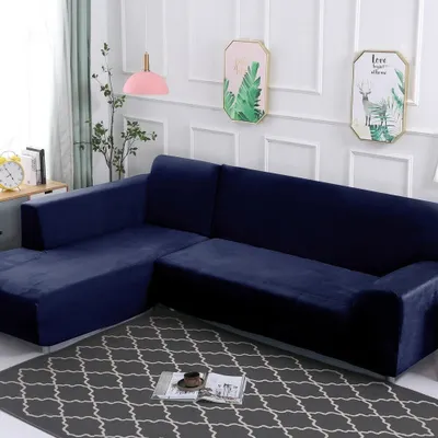 Produktbild von Stretch Samt Sofahusse Sofabezug L-Form Schnittsofa Überwurf 2 Stück Dicker Plüsch Sofabezüge für Ecksofa (2-Sitzer+3-Sitzer),Blau