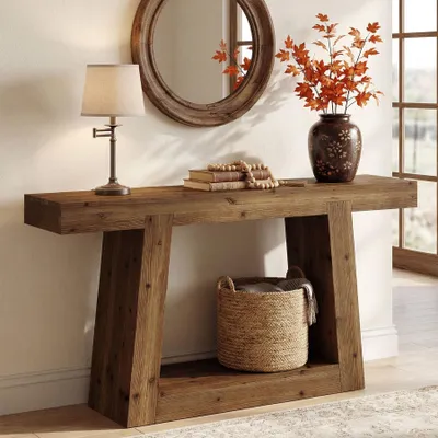Produktbild von Tribesigns Konsolentisch Massivholz, 140 cm, Landhaus-Sofatisch mit Stauraum, rustikaler, schmaler Eingangstisch Flur, schmale Eingänge, dunkelbraun