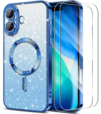 Image de Coque + 2 Verres Trempés pour iPhone 17, Protection avec Cercle Magnétique - Bleu Pailleté