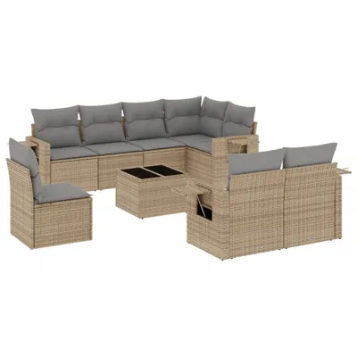 Produktbild von vidaXL 9-tlg. Garten-Sofagarnitur mit Kissen Beige Poly Rattan