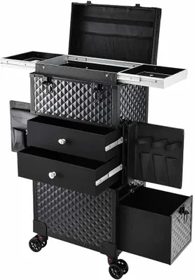 Produktbild von Friseurkoffer Kosmetik Trolley mit 3 Schubladen Make up Koffer Schminkkoffer Friseur Box mit Haartrocknerhalterung Beauty Case Multikoffer,Schwarz