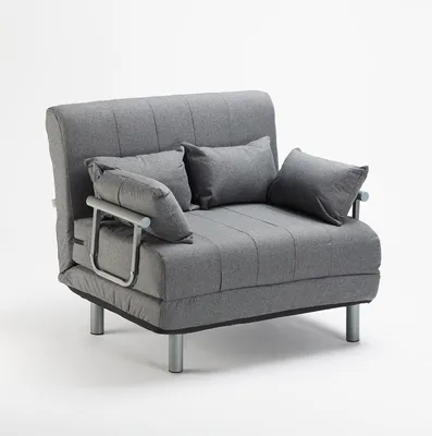 A gray fabric sofa bed with two pillows, shown from the front on a white background.