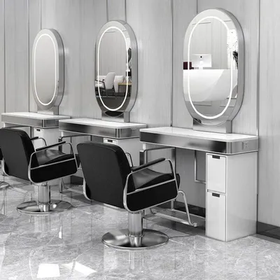 Produktbild von 360Home Frisiertisch mit LED Spiegel Stylingstation Bedienplatz Friseursalon Schrank mit Schubladen Frisierplatz mit Edelstahlrahmen Silber A-1-Sitzer