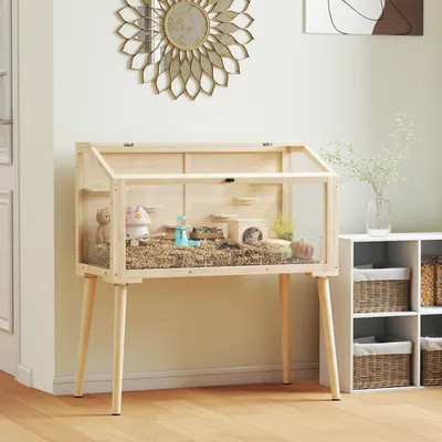 Produktbild von Hamsterkäfig aus Tannenholz, Zwerghamstergehege, Kleintierstall mit Zubehör, Naturholz | 110 x 52 x 101 cm | 11 kg |Holz, PET-Panels