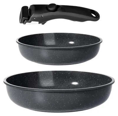 Produktbild von Granit Topfset 3-teilig Antihaft Kochgeschirr mit abnehmbarem Griff für alle Herdarten, spülmaschinenfest, ofenfest, Schwarz