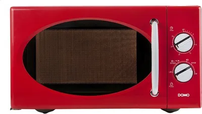 A red microwave oven with a white handle and two control knobs.