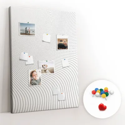 Obrázek produktu pro Korková nástěnka s kolíčky - Tabule s kolíky pro fotografie a poznámky - 100x140 cm - Připínáčky barevné 100 kusů - Šedé linie