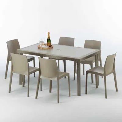 Produktbild von Polyrattan Tisch Rechteckig mit 6 Bunten Stühlen 150x90 Beige Marion