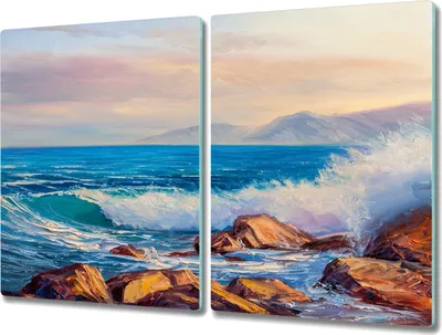 Produktbild von Coloray Herdabdeckplatte 2x40x52 cm Schneidebrett Kochplattenabdeckung Küchenbrett Hackbrett - Malerei Meer Meereswellen