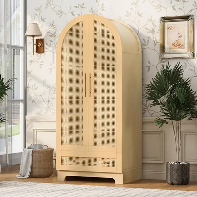 Produktbild von STILVORA Kleiderschrank mit Doppeltüren, Aufbewahrungsschrank mit Schubladen und Ablagefächern, Kleiderschrank mit Kunstrattan-Türen, Holzfarbe