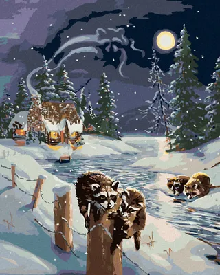 Produktbild von Zuty - Malen nach Zahlen - WASCHBÄR AM FLUSS UND HÜTTE IM WINTER (D. RUSTY RUST), 40x50 cm, mit Keilrahmen (bereits gespannt)